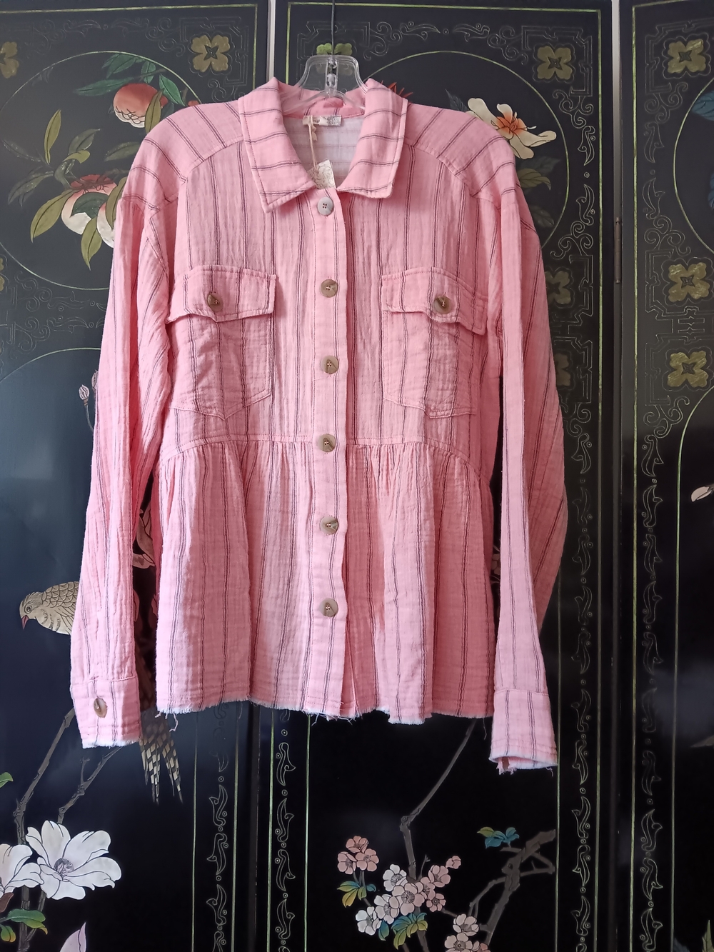 Mystree Blush Pink Striped Button Shirt Jacket